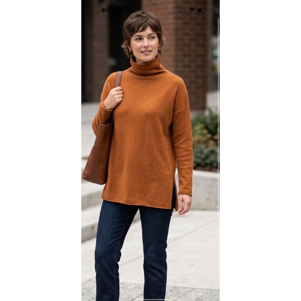 Vince Women Small Turtleneck Sweater Rust Orange Wool Cashmere Slit Quiet Luxury